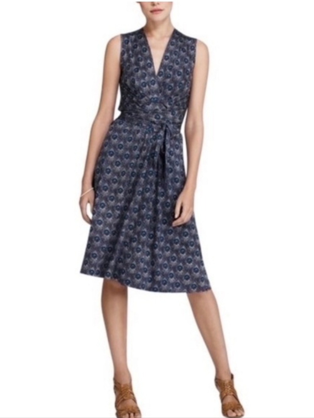 Tory Burch Silk Peacock Feather Print V-Neck Wrap Dress